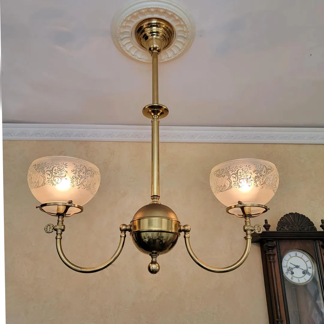 708c Vintage antique Victorian Revival brass gas ceiling light fixture lamp chandelier hall light... | Etsy (US)