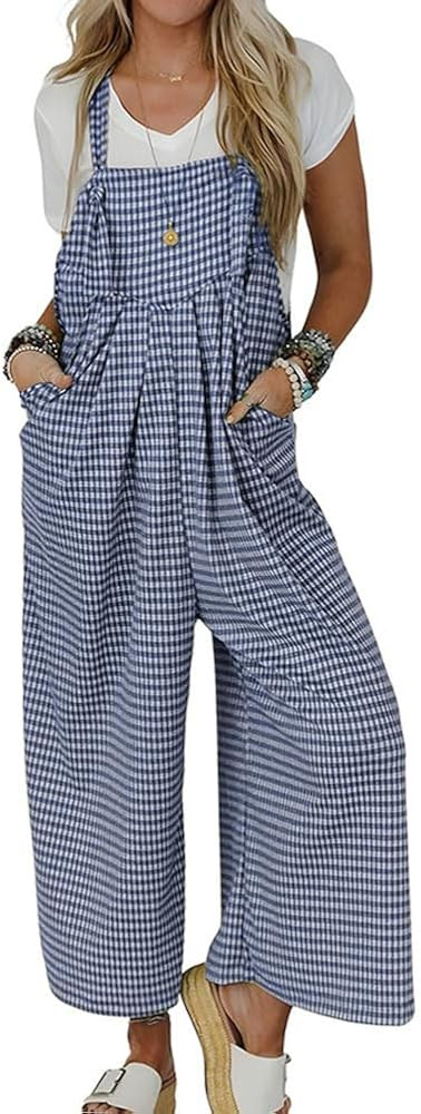 chouyatou Women's Sleeveless Plaid Wide Leg Bib Overall Casual Loose Gingham Jumpsuits with Pocke... | Amazon (US)