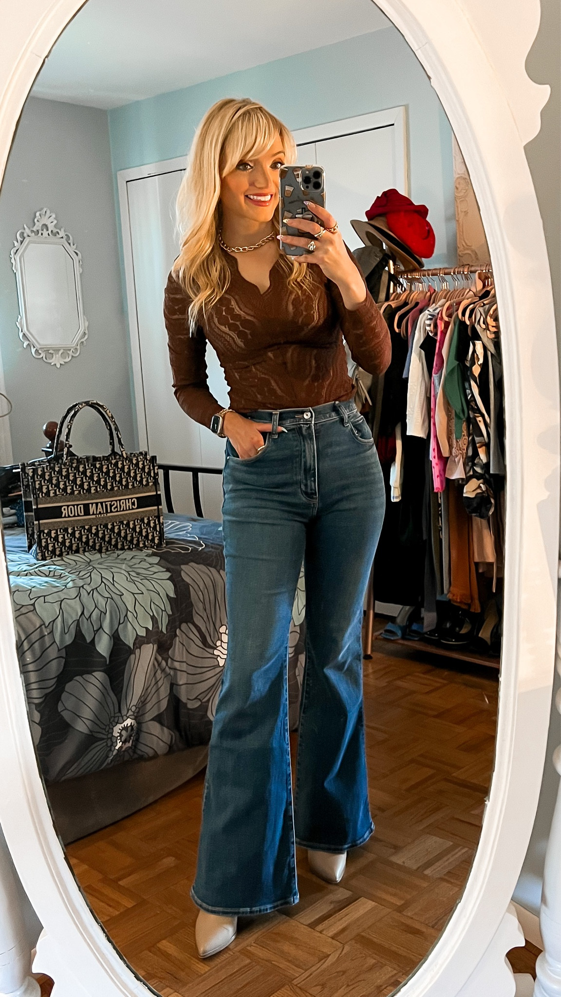 Brown crochet fitted top (limited sizes but available in other colors) - Abercrombie high waist flare jeans - date night outfit - casual date outfit - casual outfit - Amazon Fashion - Amazon finds 

#LTKstyletip #LTKunder100 #LTKSeasonal