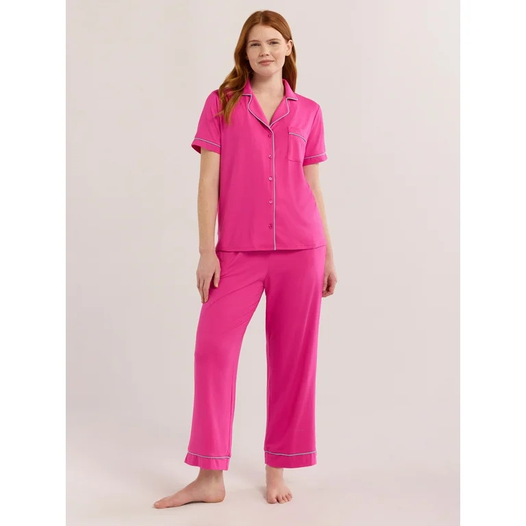 Joyspun Women's Short Sleeve Notch Collar Knit Top & Capri Pajama Set, 2-Piece, Sizes XS-3X | Walmart (US)