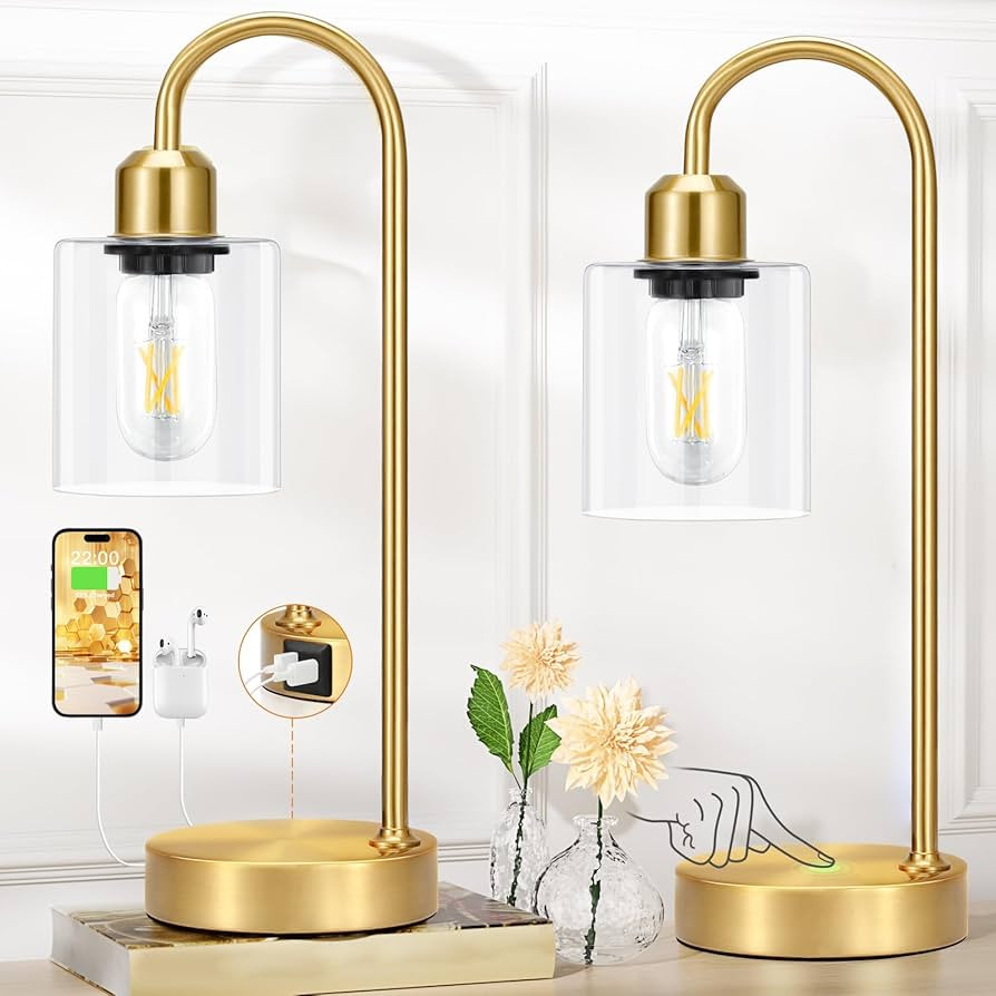 Industrial Gold Table Lamps Set - 3 Way Dimmable Touch Desk Lamps Set of 2 with USB C+A Ports, Ni... | Amazon (US)