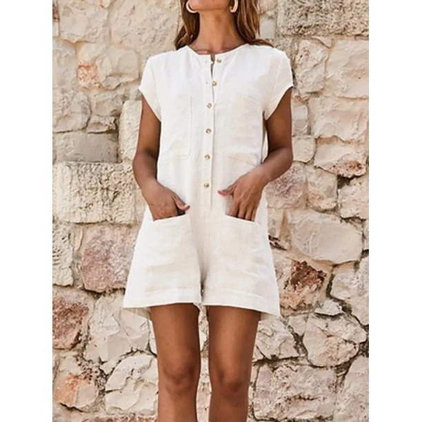 Women's Short-Sleeved Tooling Single-Breasted Pocket Jumpsuit | Walmart (US)