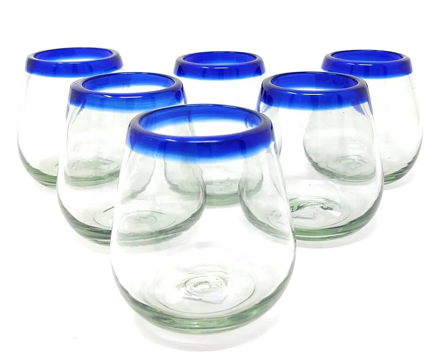 Dos Sueños Hand Blown Mexican Stemless Wine Glasses - Set of 6 Glasses with Cobalt Blue Rims (15... | Amazon (US)
