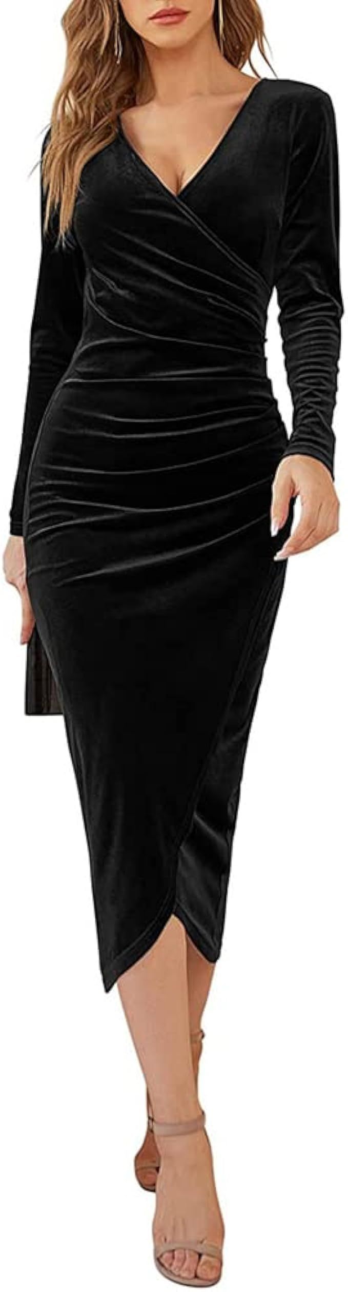 HANERDUN Womens Long Sleeve Elegant Velvet Bodycon Dress V Neck Ruched Cocktail Sexy Party Midi D... | Amazon (US)