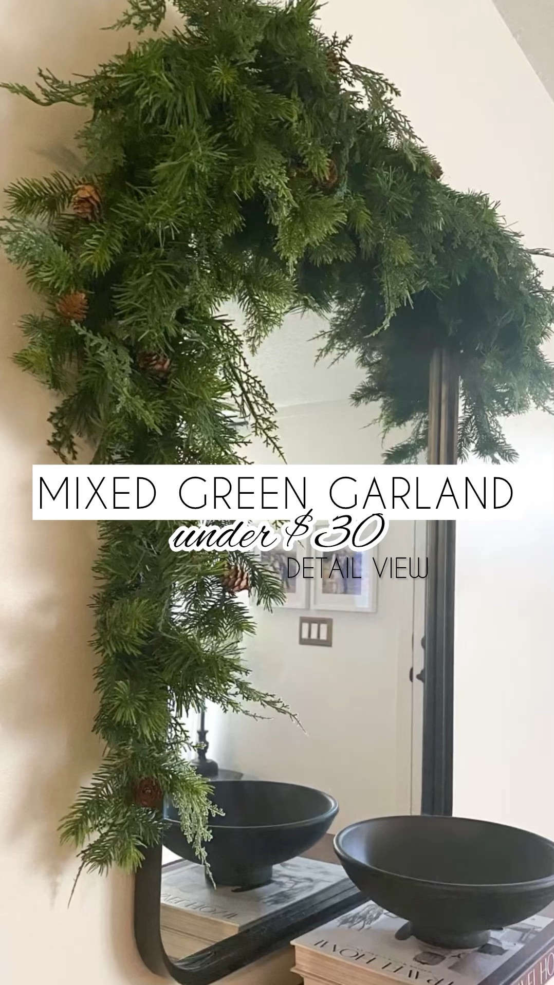 Here’s the detail view of the mixed green garland I snagged last year. Thankfully it’s restocked and still under $20! It has a mix of “real touch” and regular greens and the pinecones would be easily removed if you hate them. I folded this one in half to get the full-ness look at the top of the mirror. Bonus points for this garland being SO EASY to fluff! 

Christmas garland. Cedar garland. Holiday garland. Budget friendly holiday decor 

#LTKhome #LTKHoliday #LTKfindsunder50