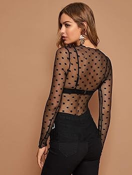 Verdusa Women's Long Sleeve Lettuce Trim Fitted Sheer Mesh Tee Top | Amazon (US)