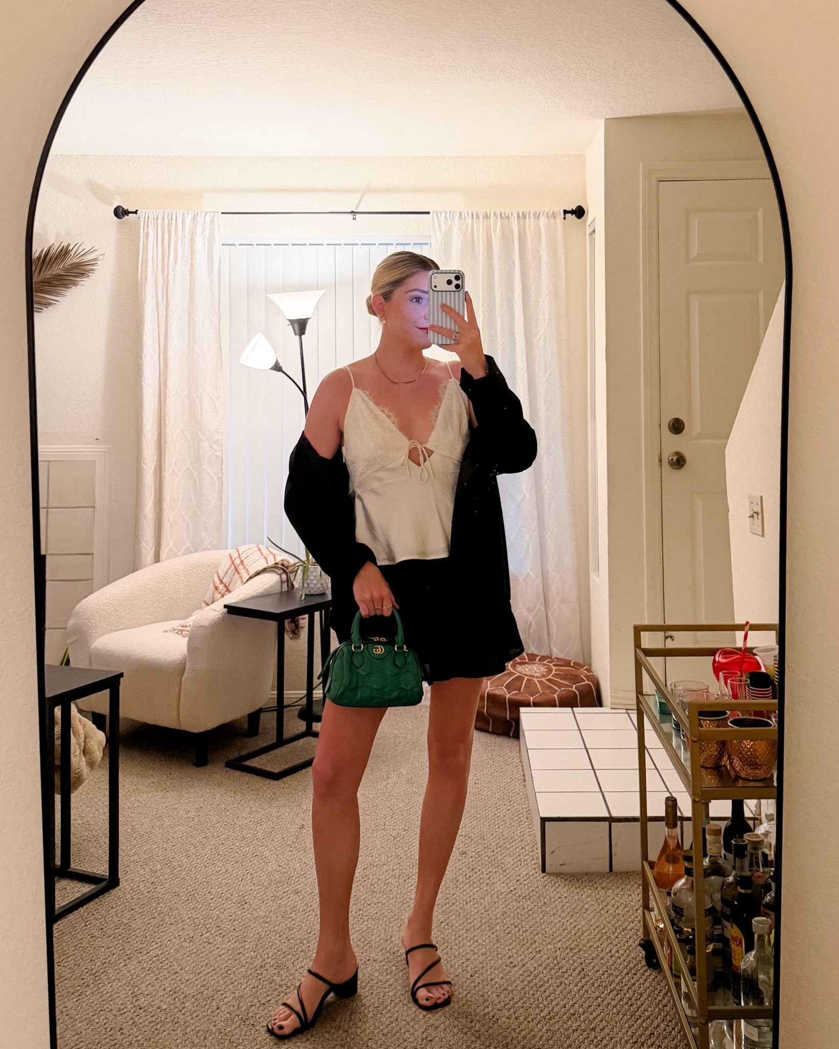 neutral going out outfit / black skirt styled / girls night outfit 