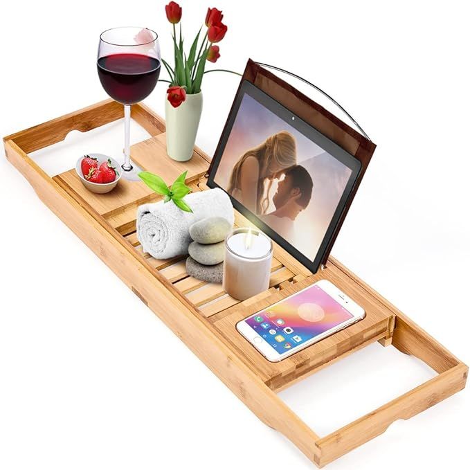 Homemaid Living Luxury Bamboo Bathtub Tray - Expandable Bathroom Tray with Reading Rack or Tablet... | Amazon (US)