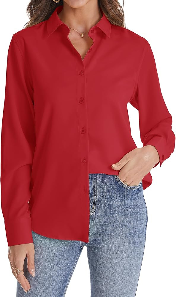 J.VER Womens Button Down Shirt Long Sleeve Solid Dress Shirts Chiffon Work Office Blouse Fashion ... | Amazon (US)