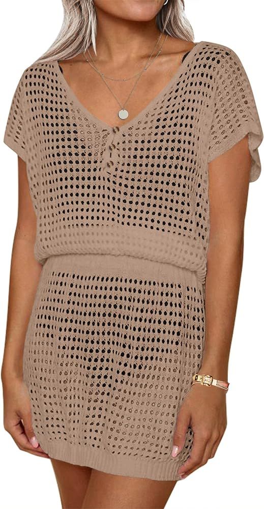 Amazon.com: AOLRO Women's Hollow Out Elastic Waist Short Sleeve Crochet Bikini Cover Up Dress V N... | Amazon (US)