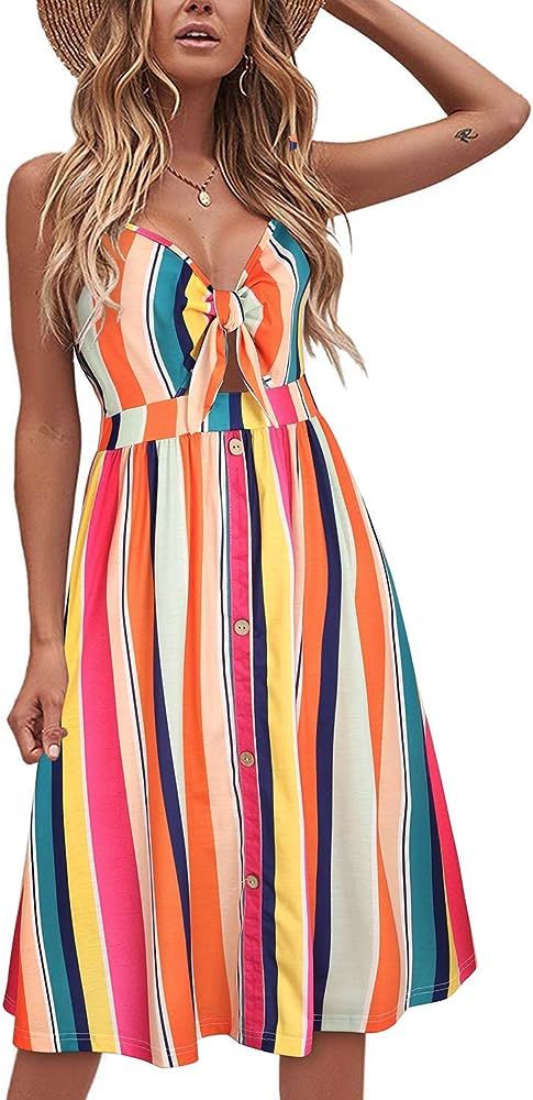 VOTEPRETTY Womens Summer Floral Sundress V Neck Tie Front Spaghetti Strap Dresses with Pockets | Amazon (US)