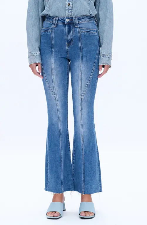 Bayeas Seamed High Waist Raw Hem Flare Jeans in Medium Blue at Nordstrom, Size 32 | Nordstrom