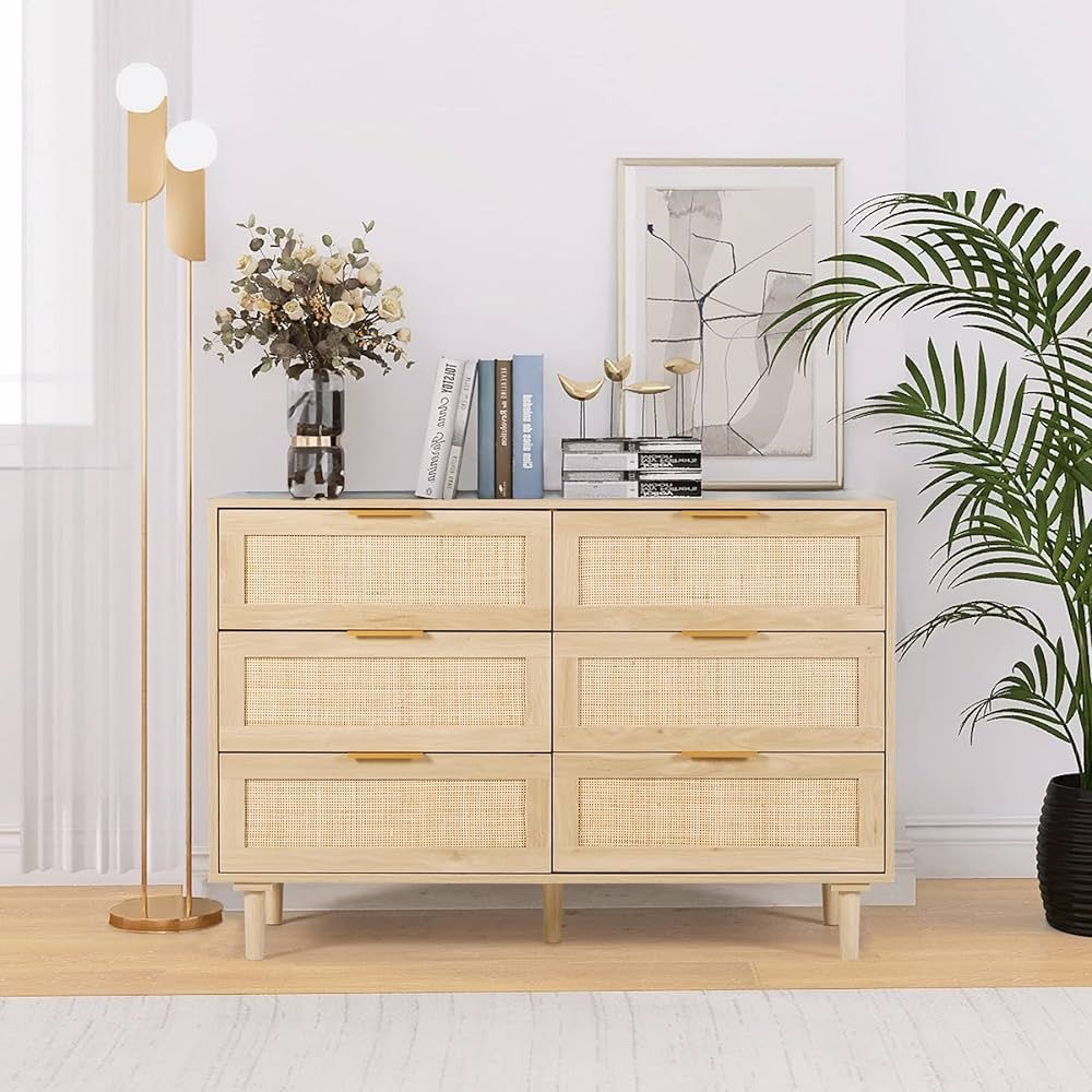 FUQARHY Rattan Dresser for Bedroom, Modern 6 Drawer Double Dresser with Gold Handles, Wood Storag... | Amazon (US)