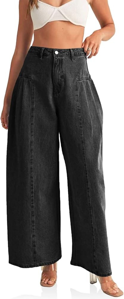 PLNOTME Womens Baggy High Waisted Jeans Loose Boyfriend Wide Leg Side Pleated Denim Pants | Amazon (US)