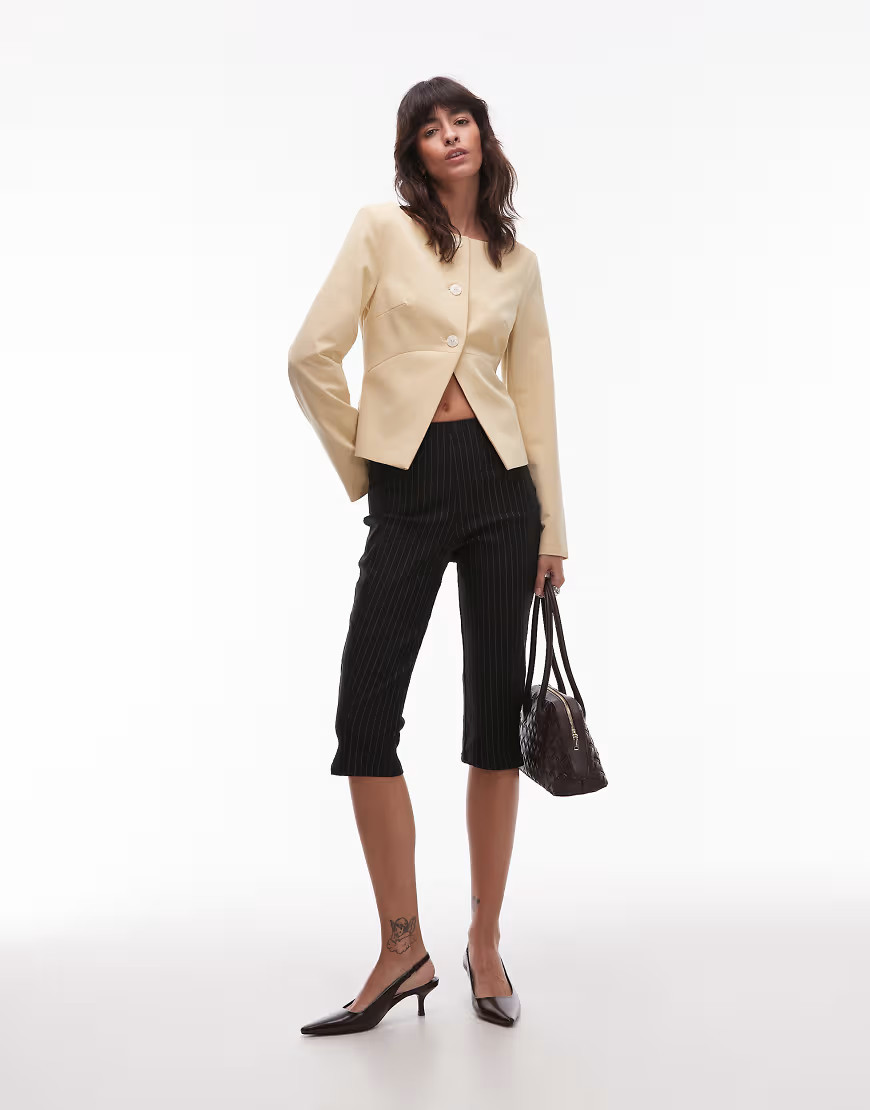 ASOS DESIGN bengaline capri trouser with split at sides in black pinstripe-Multi | ASOS (Global)