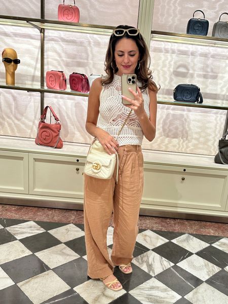 Spring outfit | summer outfit | Gucci | vacation outfit | linen pants | macrame tank top | quiet luxury | gold hardware 

#LTKfindsunder100 #LTKitbag #LTKtravel