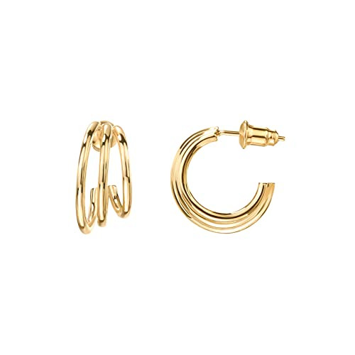 PAVOI 14K Gold Plated Sterling Silver Post Split Huggie Earrings | Rose/White/Yellow Gold Earrings for Women (Triple, Yellow Vermeil) | Amazon (US)