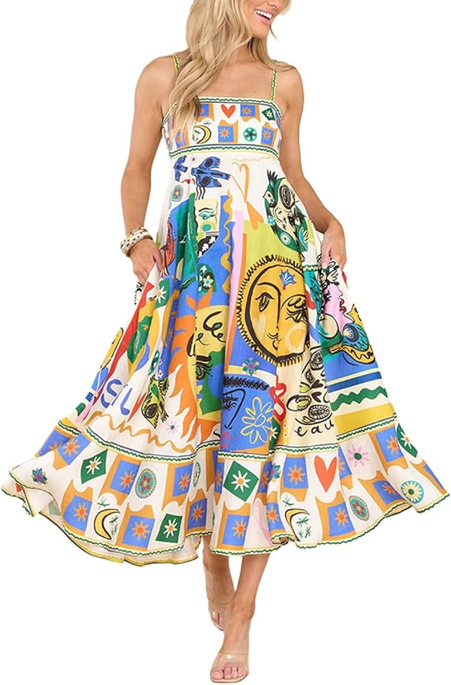 KMBANGI Women Spaghetti Strap Graffiti Maxi Dress Colorful Graphic A Line Swing Long Cami Dress B... | Amazon (US)