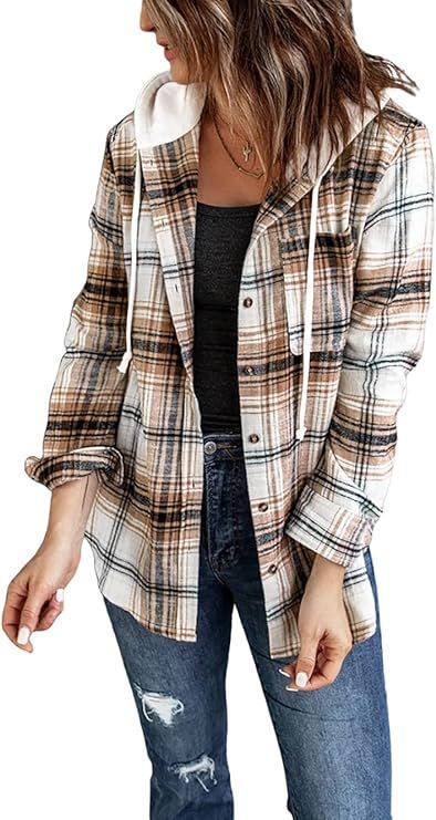 Amazon.com: Women Plaid Hoodie Casual Long Sleeve Jacket Loose Fit Blouse Button Drawstring Fall ... | Amazon (US)