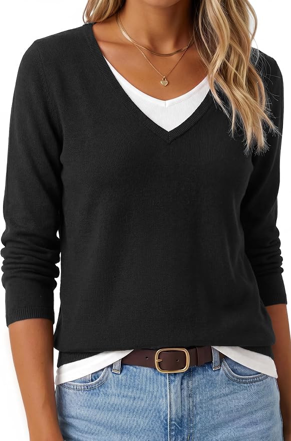 Arach&Cloz Women's Wool Blend 2 in 1 Patchwork V Neck Casual Sweater Tops | Amazon (US)