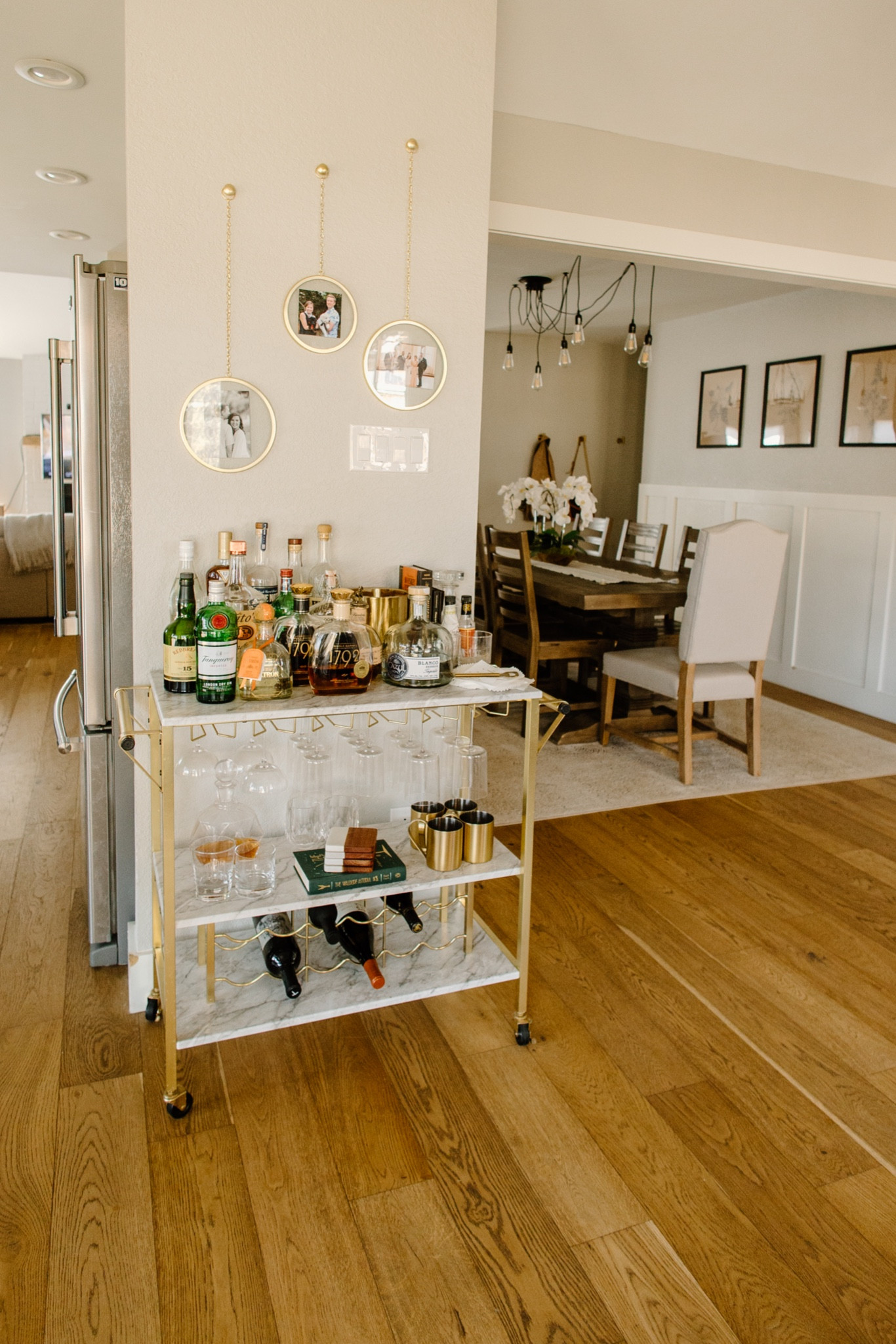 A moment for our old bar cart, RIP. But love this view of our bar and dining room! 😍