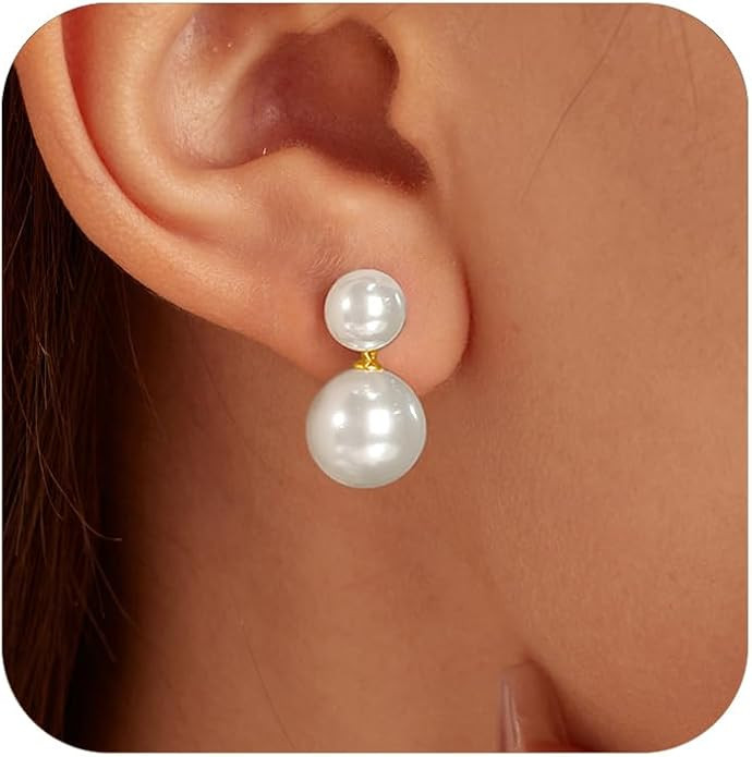 Double Bead Pearl Earrings for Women 925 Sterling Silver Gold Big Pearl Lightweight Ball Stud Ear... | Amazon (US)