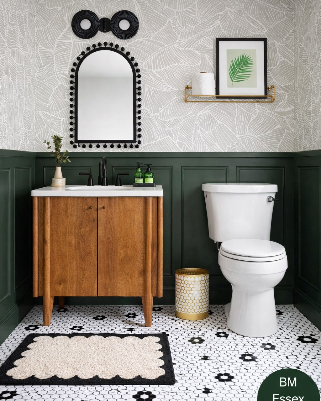 Powder bathroom design, half bath mood board. I love this floor tile and the black accents in the design, affordable mirror from Wayfair, beautiful vanity from West Elm. #bathroom #homedecor

#LTKHome #LTKSeasonal #LTKselfcare