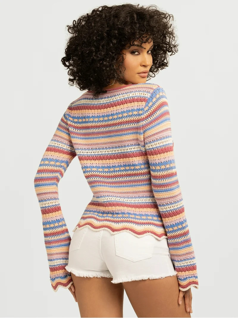 Jessica Simpson Women's Lilianna Cotton Pointelle Sweater with Long Sleeves, Lightweight, Sizes X... | Walmart (US)