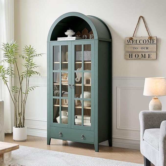 Tall Arched Cabinet, Modern Farmhouse Wooden Display Cabinet with Glass Doors, 70" 6 Tier Bookshe... | Amazon (US)
