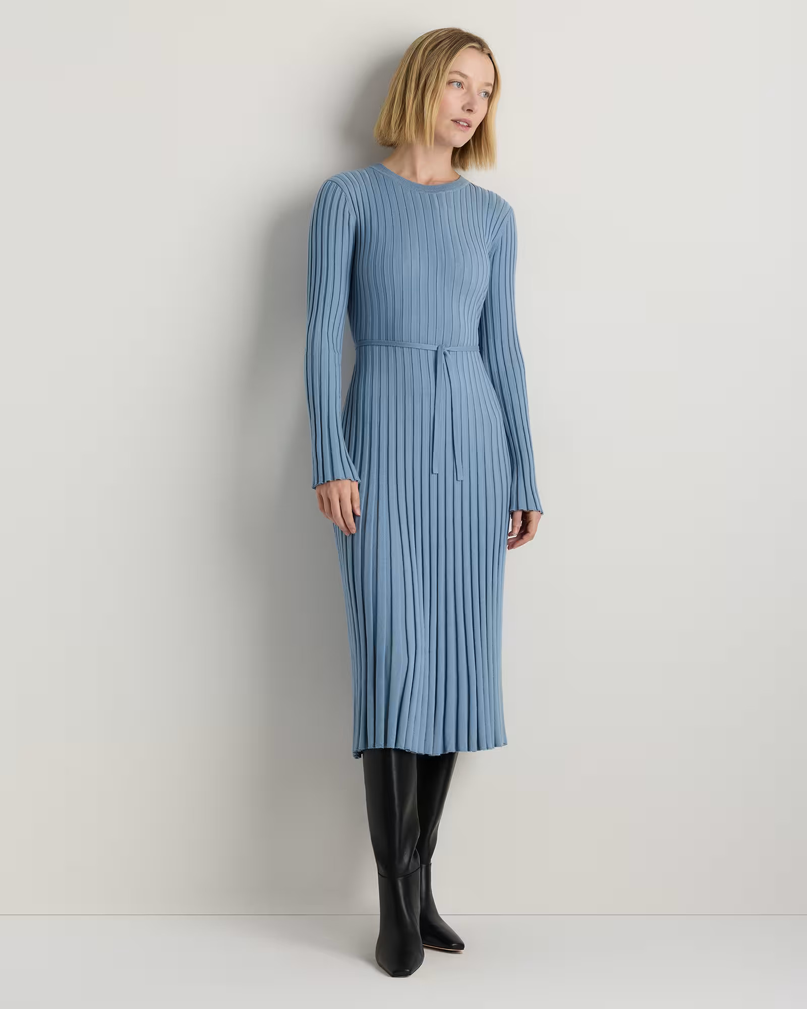 Cotton Cashmere Ribbed Long Sleeve Crew Midi Dress | Quince