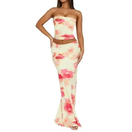 2 Piece Skirt Sets Women Summer, Floral Sleeveless Tube Top Bodycon Maxi Skirts Y2k Going Out Outfits Light Yellow M | Walmart (US)