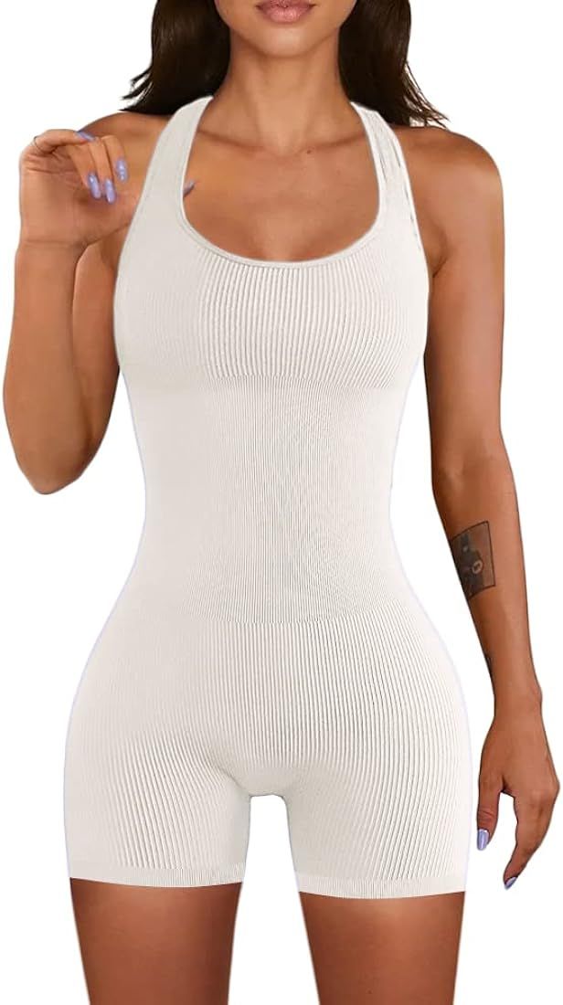 QINSEN Womens Halter One Piece Workout Rompers Ribbed Seamless GMY Yoga Backless Short Jumpsuit | Amazon (US)