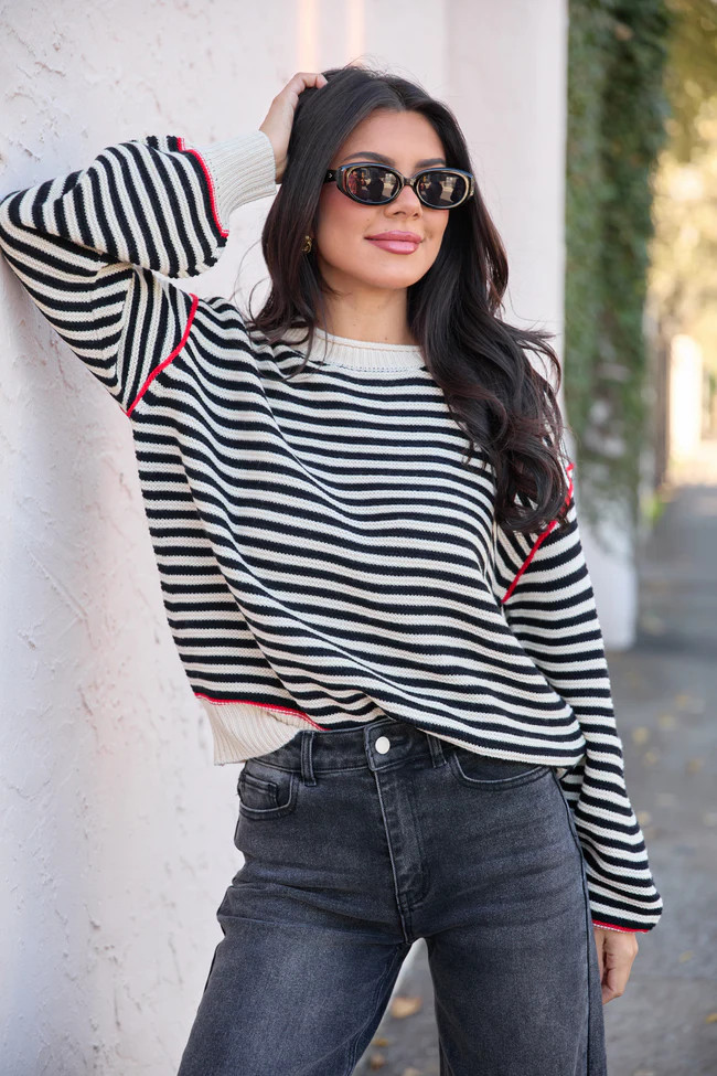 Kate Black And Taupe Striped Crewneck Sweater | Pink Lily