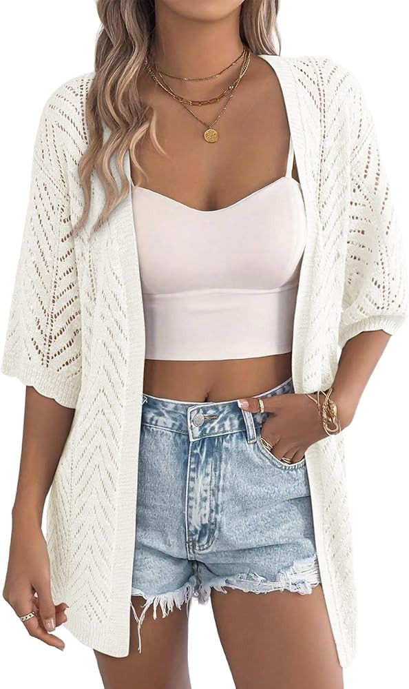 EVALESS Women's Crochet Knit Cardigan Sweaters Short Sleeve Open Front Kimonos Boho Cardigans Top... | Amazon (US)