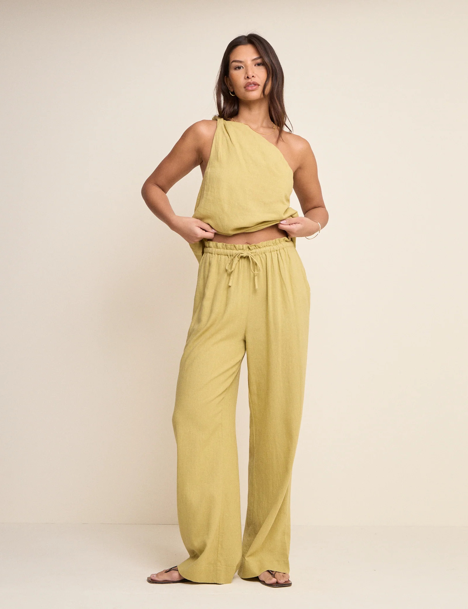 Sage Green Linen-Blend Fosse Trousers | Nobody's Child