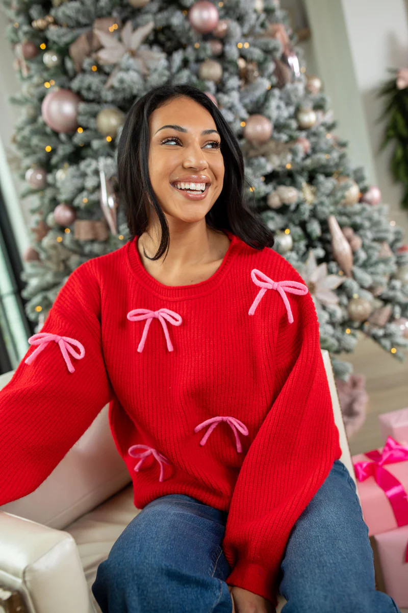 Knot Your Average Bow Red Embroidered Bow Sweater | Pink Lily