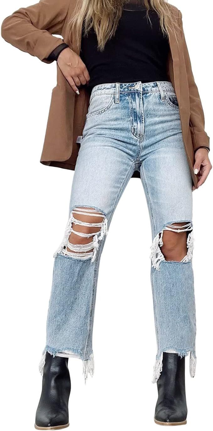 Womens Jeans Plus Size Women High Waist Baggy Boyfriend Jeans Distressed Wide Leg Denim Pants Car... | Amazon (US)