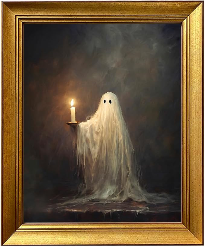 Framed Halloween Canvas Wall Art Cute Small Ghost Holding Candle Victorian Print Painting Dark Ac... | Amazon (US)