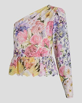 Eyelet Floral Gathered One Shoulder Peplum Top | Express
