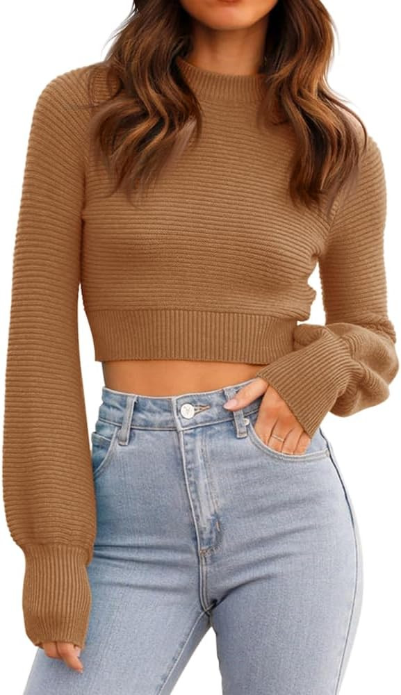 GeGekoko Womens Sexy Crew Neck Cropped Sweaters Ribbed Knit Long Sleeve Crop Tops Pullover | Amazon (US)