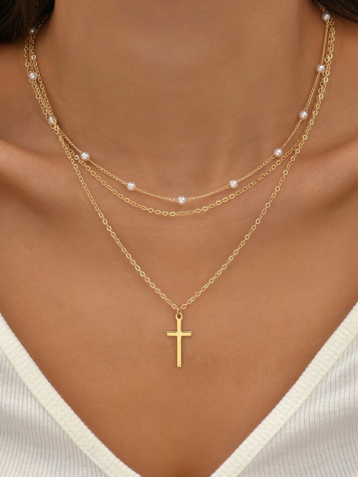 2pcs Faux Pearl & Cross Decor Chain Necklace | SHEIN
