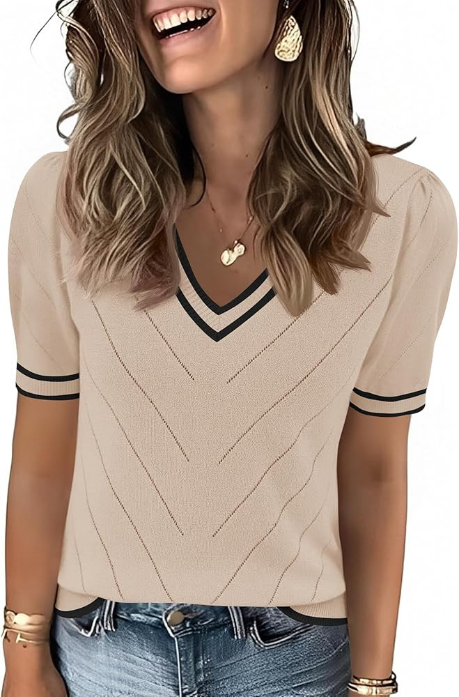 LOMON Womens Sweaters Puff Short Sleeve Lightweight Knit Summer Fall Tops Dressy V-Neck Work Blou... | Amazon (US)