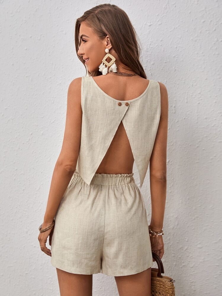 SHEIN VCAY Solid Split Back Tank Top & Paperbag Waist Shorts | SHEIN