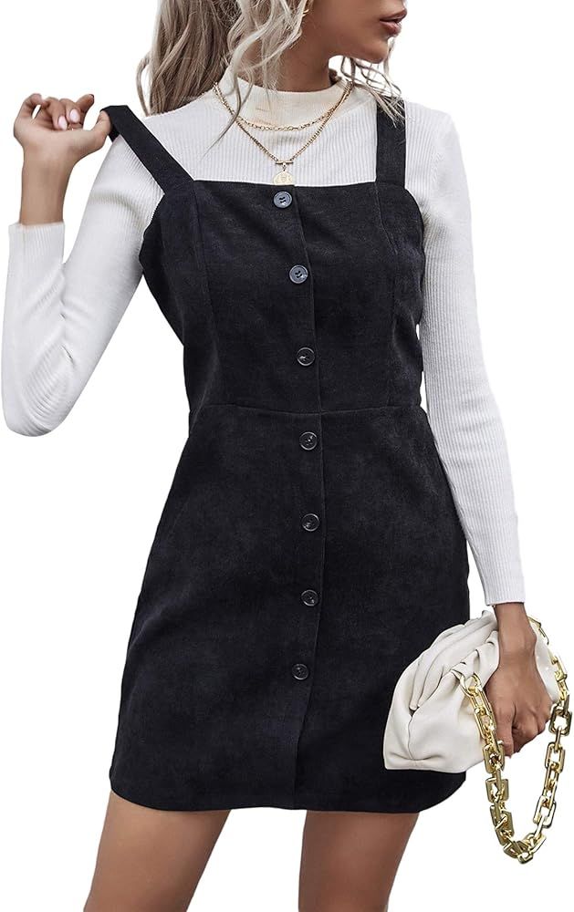 SheIn Women's Sleeveless Strappy Button Corduroy Overall Pinafore Short Mini Dress | Amazon (US)