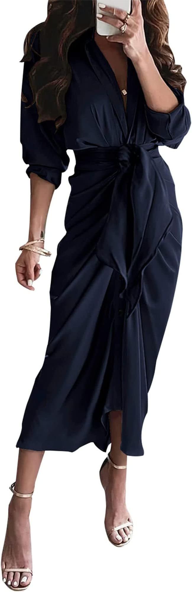 BTFBM Women 2023 Long Sleeve Lapel V Neck Button Down Satin Dress Belted Elegant Ruched Summer Fa... | Amazon (US)