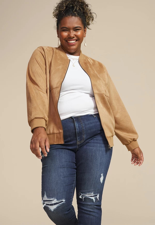 Plus Size Tan Suede Bomber Jacket | Maurices