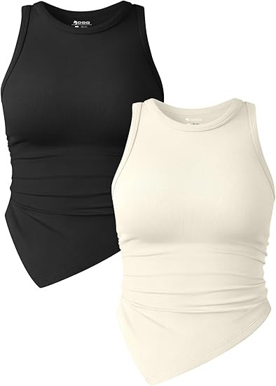 OQQ Women's 2 Piece Tank Tops Ruched Crew Neck Sleeveless Basic Stretch Tee Shirts | Amazon (US)