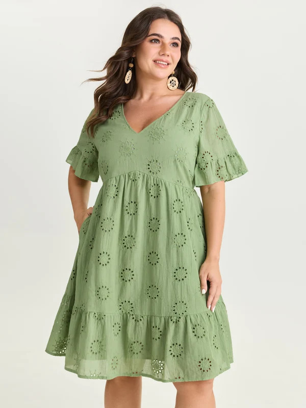 Eyelet Embroidered Ruffled Sleeve Mini Dress | Bloomchic