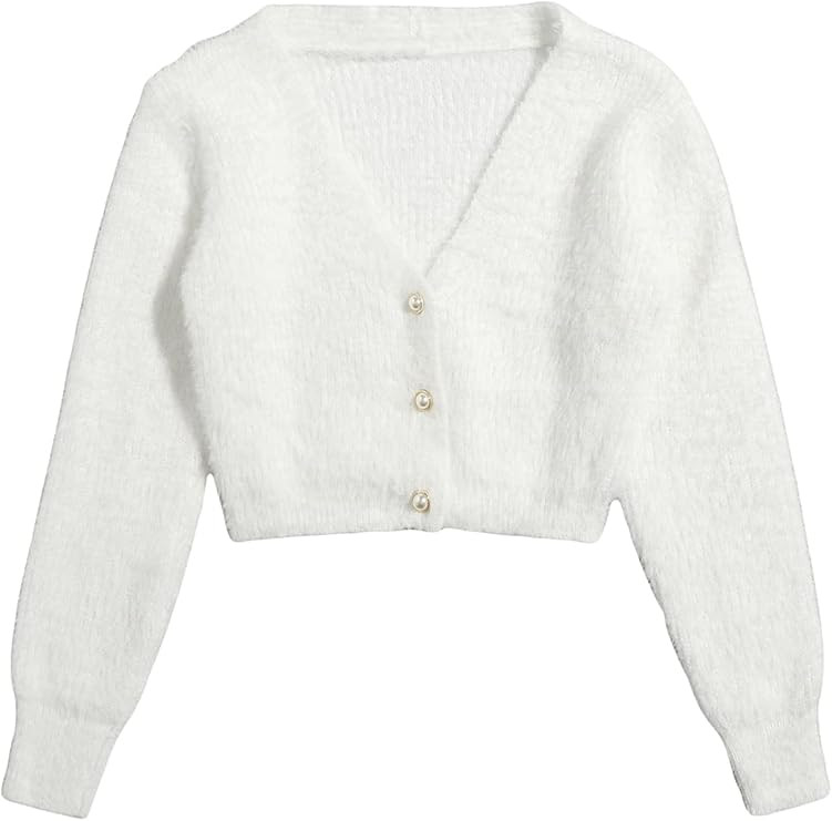 GORGLITTER Women's Fuzzy Pearl Button Up Open Front Cardigan Long Sleeve Crop Sweater Outerwear J... | Amazon (US)