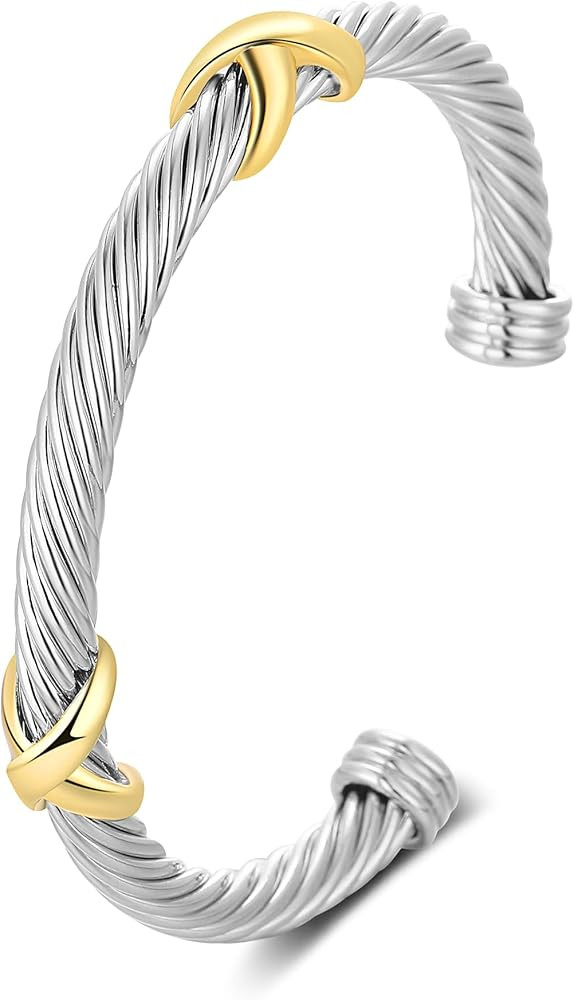 Cable Cuff Bracelets for Women - Twisted Bangle Cable Wire Bangles Bracelet - Two Tone Designer S... | Amazon (US)